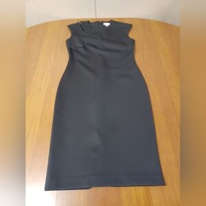 Calvin Klein Black Shift Dress Womens Size 2 Asymetric Slit Shoulder